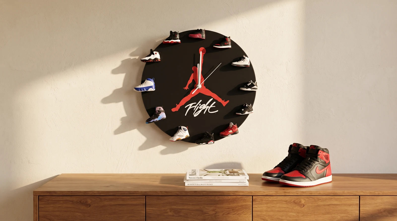 Illustrative black sneaker clock installed above a wood cabinet