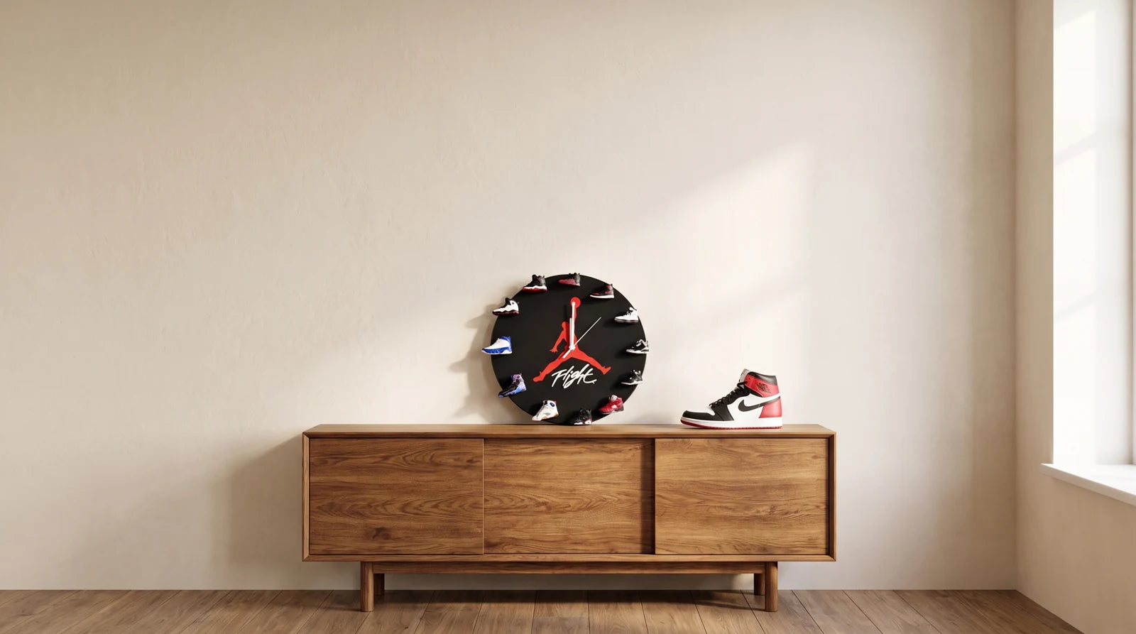 Illustrative interior with a sneaker clock on a wood cabinet